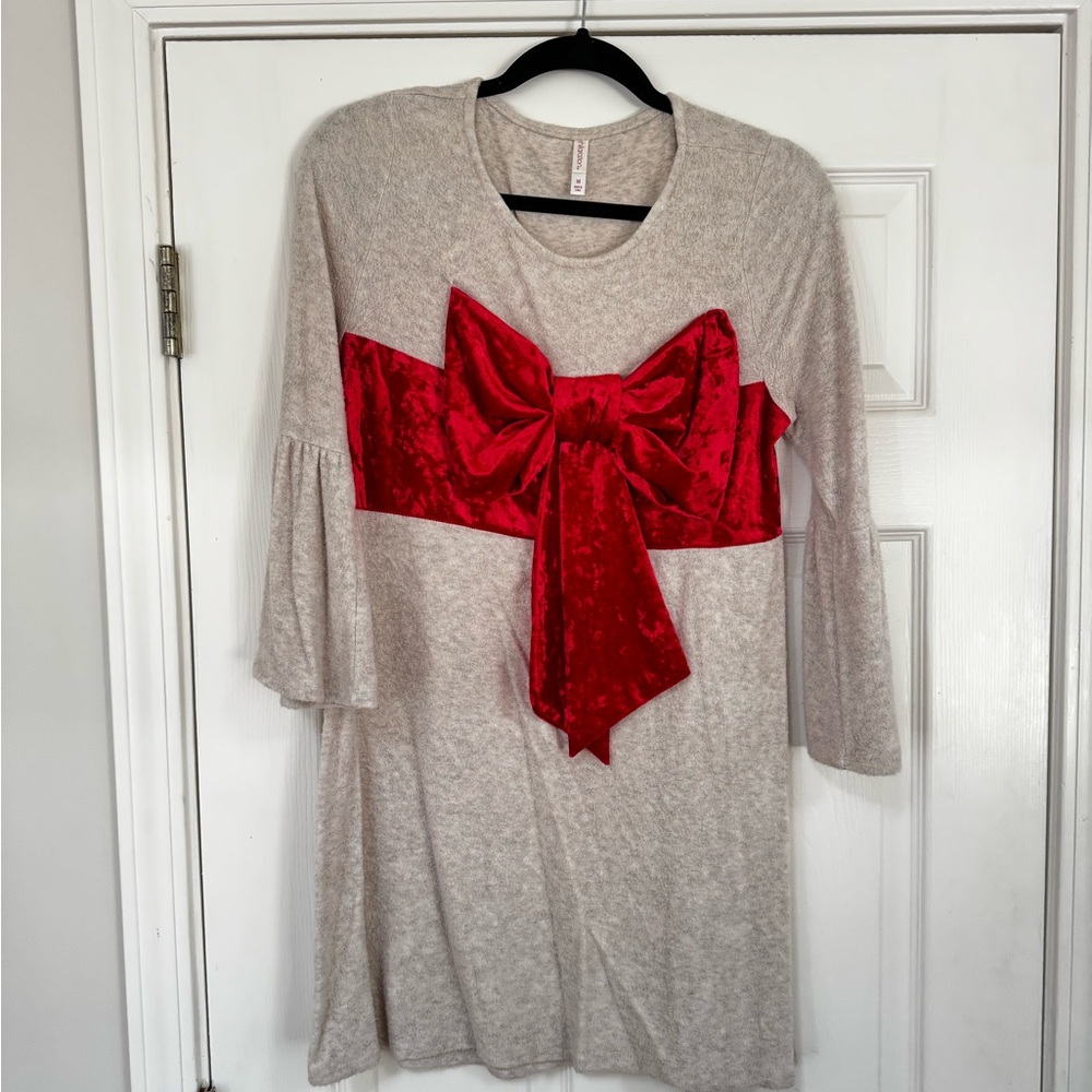 Beige Dress with Red Velvet Bow